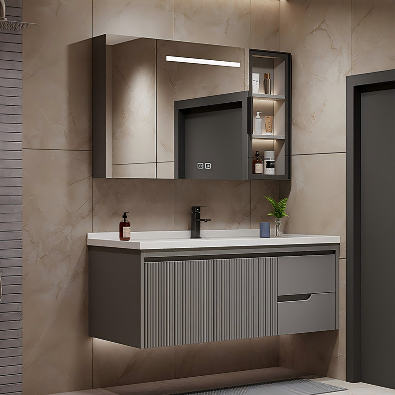 Meuble-lavabo mural moderne et minimaliste en bois d'hévéa gris avec lavabo en céramique intégré et armoire à pharmacie intelligente