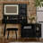 Modern Makeup Vanity Desk With Mirror And Lights, Retractable Dressing Table With Drawers And Cabinet, Compact Makeup Table Set With Power Outlet For Bedroom, Black-1107909877