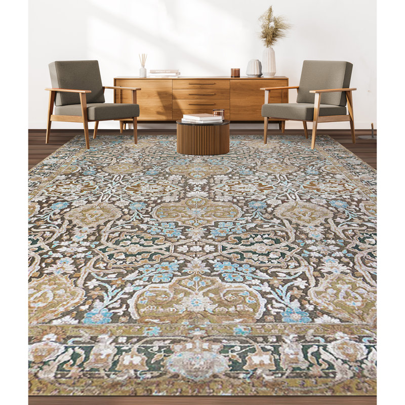 Tapis brun clair et multicolore de haute qualité noué à la main, Rectangle 8 pi x 10 pi