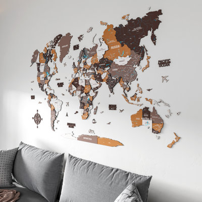 3D Wooden World Map – Multicolor UV Printed Wall Art, Modern Home & Office Decor