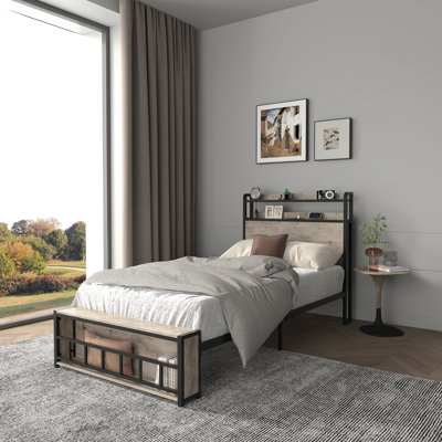Twin Bed Frames , Headboard And Charging Station & LED Light For Bedroom, Solid And Stable, Noise Free, No Box Spring Needed, Easy Assembly