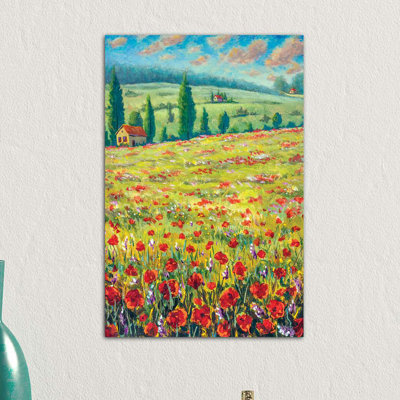 High Cypresses, Field of Red Poppies, Old Village Houses, Road, Mountains and Blue Sky 1 Piece Wrapped Canvas Painting