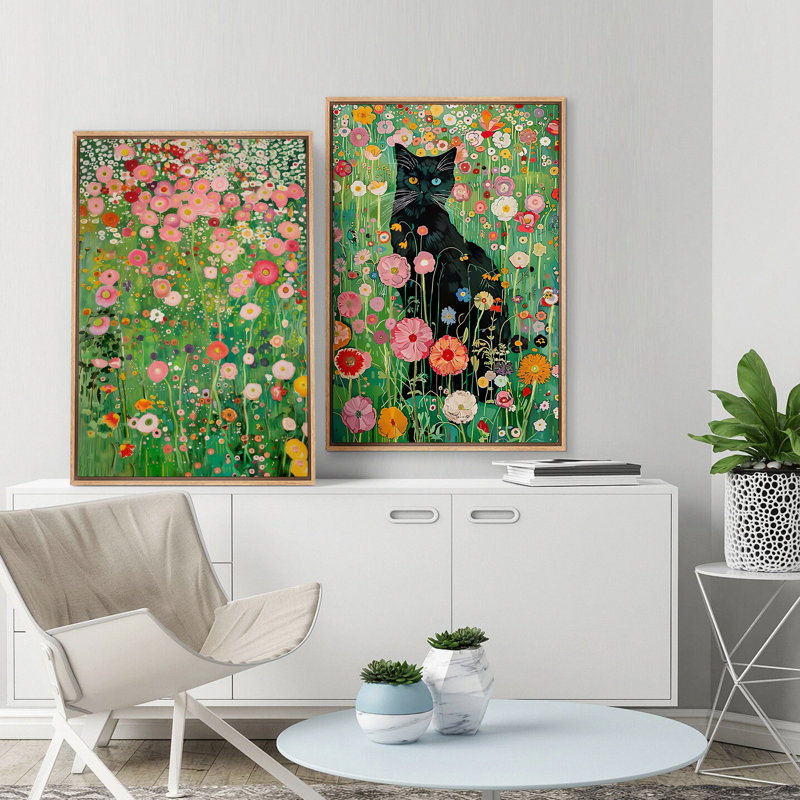 Gustav Klimt, chat noir dans un champ de fleurs sauvages, art moderne boho moderne, Naturel, H 24 po x l 16 po