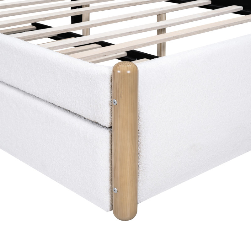Lit plateforme double blanc avec lit gigogne et bois massif, lit gigogne supplémentaire, structure en bois, Full, White