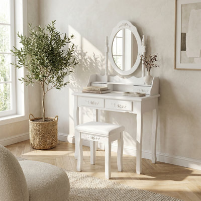 Ensemble de coiffeuse élégante blanche avec miroir pivotant et tabouret rembourré, coiffeuse en bois à quatre tiroirs pour chambre à coucher avec rangement spacieux et design élégant