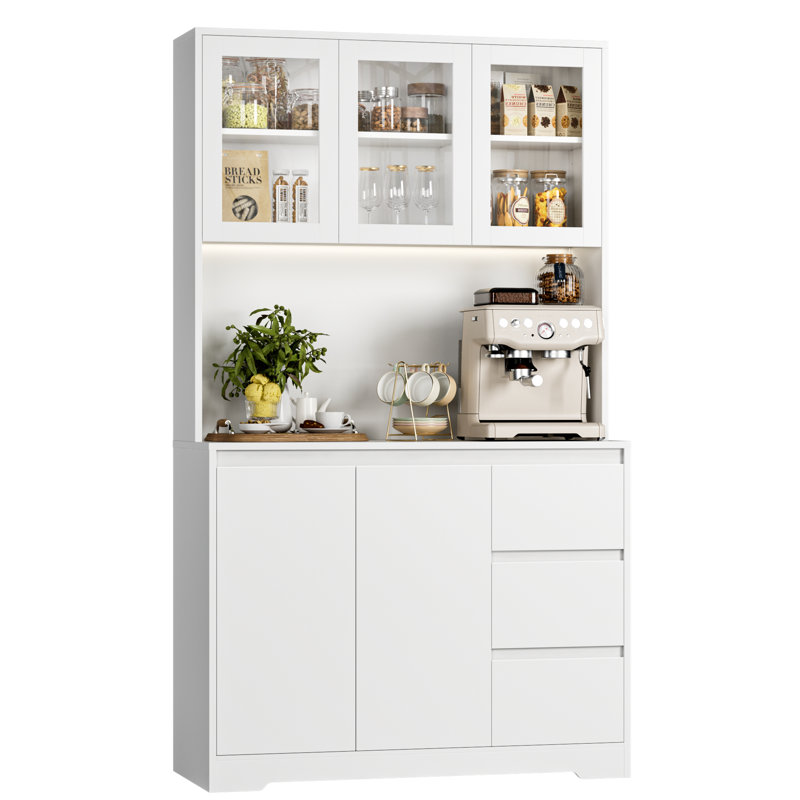 Satavia 70.9'' Kitchen Pantry with LED Lights and Charging Station, Microwave Shelf, White