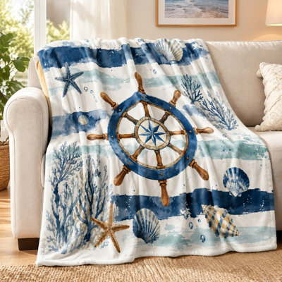 1 pièce de couverture à motif d'étoile de mer à motif de roue de bateau - simple face; durable, douce et chaude, lavable à la machine, idéale pour la détente à la maison, disponible en plusieurs tailles, facile à transporter, en camping, un choix