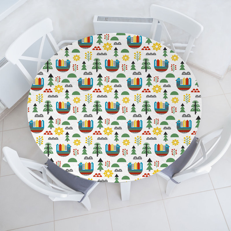 East Urban Home Cartoon Fitted Round Tablecloth Off White and Multicolor, 64.17" Round
