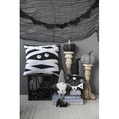 4.3X3.5X23.5" Fabric Sitting Black Gnome With Wings & Black-White Plaid Hat, For Halloween Decor