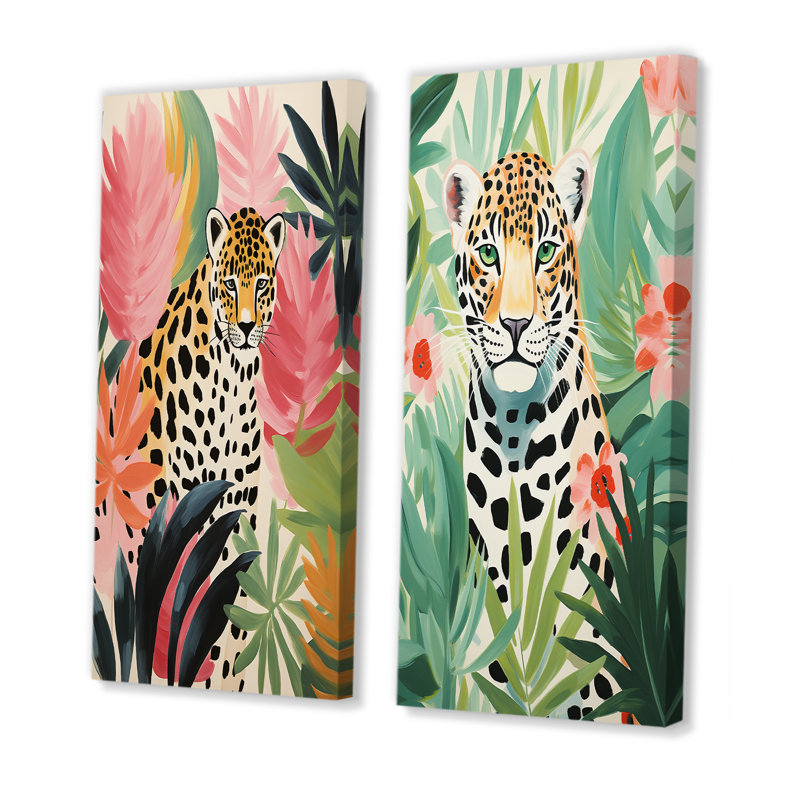 Green And Pink Leopard Tropical Elegance I - Leopard Canvas Art Print Set Of 2, Wrapped Canvas, 28" H x 25" W