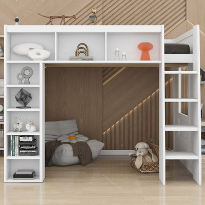 Wooden Loft Bed With Storage  Shelves
