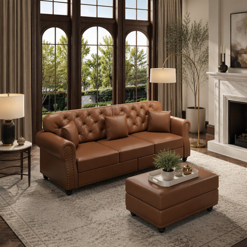 Canapé Chesterfield 82,6 po rembourré en similicuir avec garniture cloutée et accoudoirs roulés, canapé Chesterfield moderne de style Mid-Century capitonné avec boutons, brun