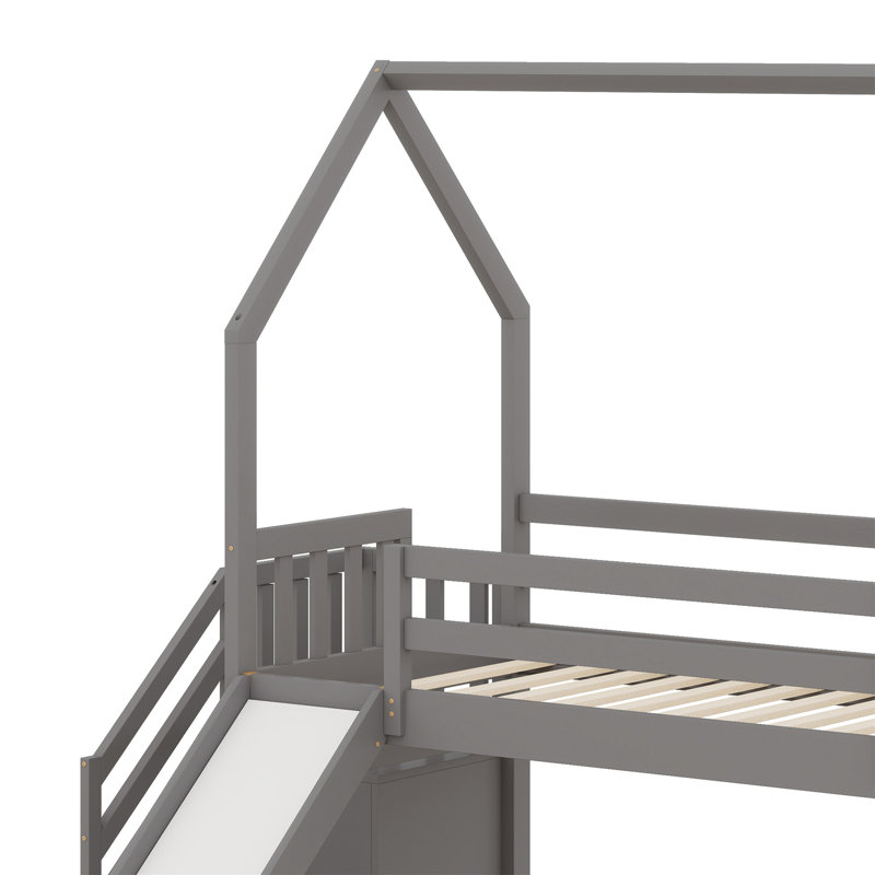 Lit superposé avec glissière convertible House, escalier de rangement pouvant être placé à gauche ou à droite