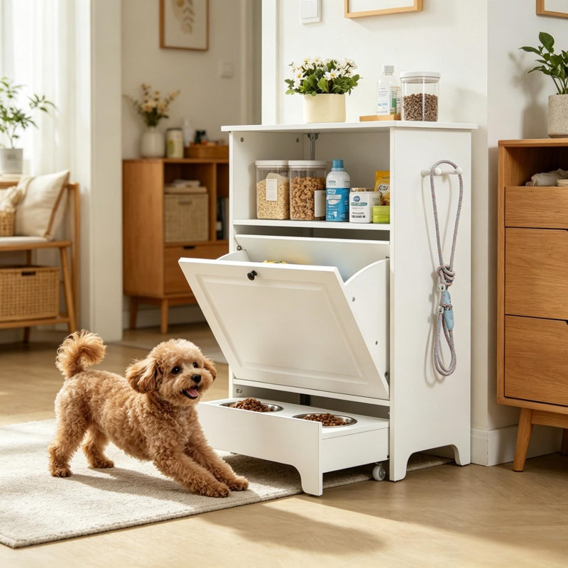 Station d'alimentation pour animaux de compagnie en plastique, fer et bois, 1 ensemble, blanche, design surélevé, rangement intégré, étanche
