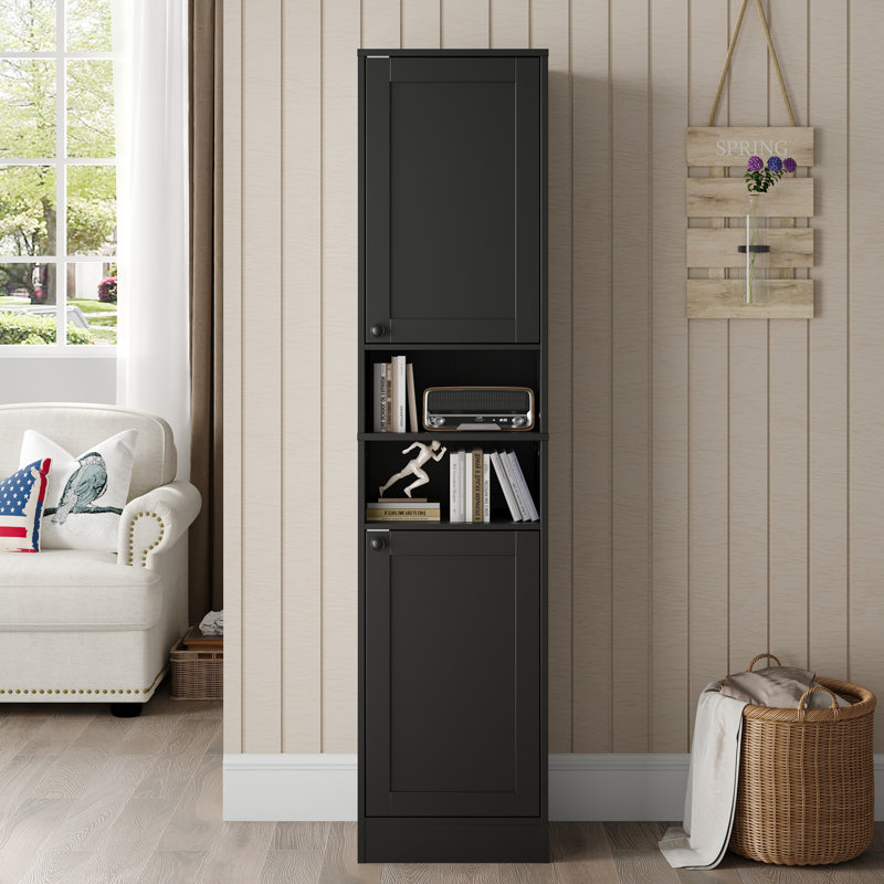 Armoire de salle de bain 67 po avec 2 portes, armoire de plancher autoportante étroite, unité de rangement mince avec tablettes réglables pour la salle de bain, le salon, le vestibule, la cuisine, noir