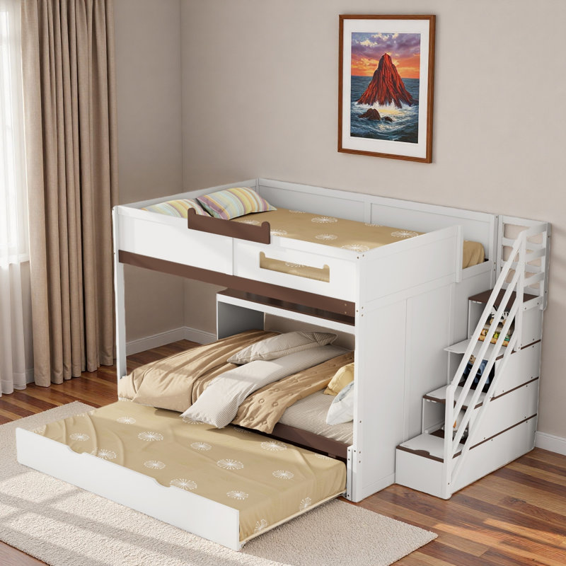 Full Over Full Bunk Bed With Twin Size Trundle And Staircase, Shelves, Led, White