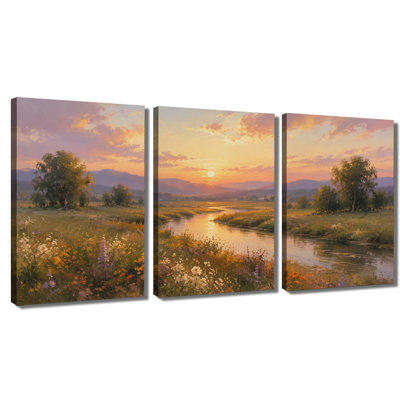 3 panneaux muraux, coucher de soleil, rivière, paysage sauvage, impression sur toile