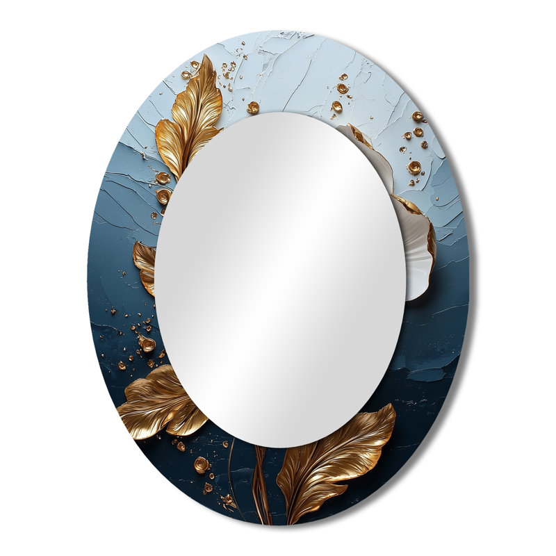 Pivoine blanche et dorée Bloom IV - miroir décoratif floral ovale sur métal, 43 po x 33 po