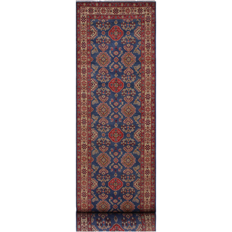 Tapis rouge / bleu en laine noué à la main 4 pi 1 po x 13 pi 5 po Madeeha