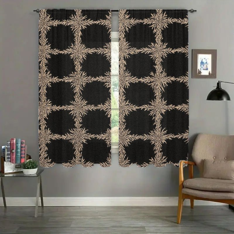 2 pièces rideaux noirs avec motif de feuilles d'or, rideau botanique en treillis rétro pour le salon, la chambre à manger, les poches de la tringle et la fenêtre