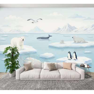 Papier peint à peler et coller, faune arctique, ours polaires, pingouins, phoques, paysage mural glacé, papier peint amovible en PVC, H 100 po x l 144 po, pour chambre à coucher, bureau à domicile, bureau à domicile
