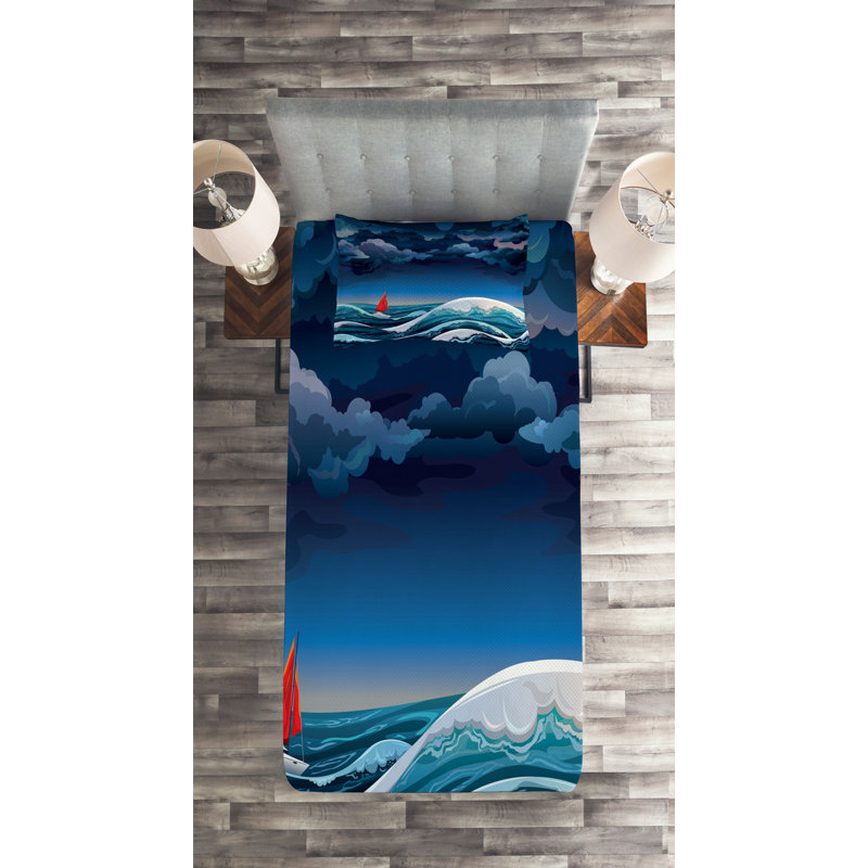 Sailboat Coastal Polyester Coverlet, Twin Bedspread + 1 Sham