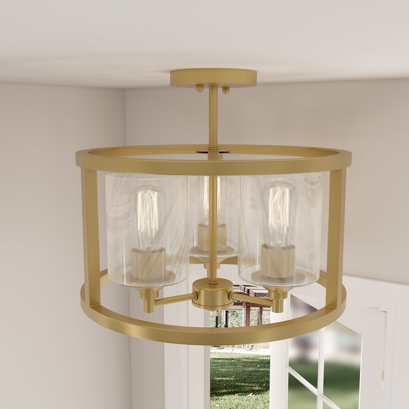 Melstone 3 - Light Kitchen Steel Dimmable Glass Semi Flush Mount, Brass Glitter