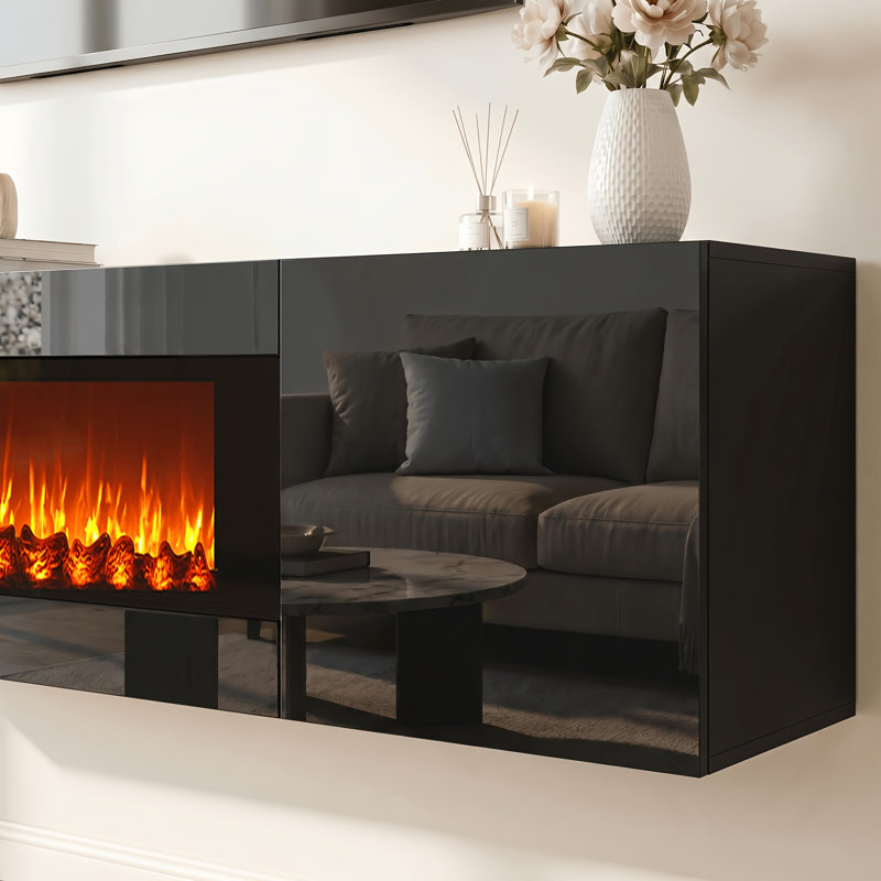 Meuble télé suspendu de 178 cm de haut avec foyer électrique de 91 cm, console murale avec rangement et télécommande, Noir
