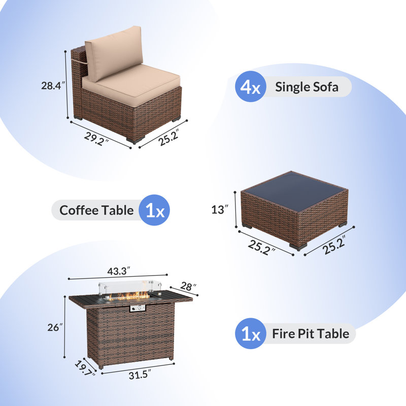 Rikuto 4-Person Conversation Sets With Supportive Back Cushions, Fire Pit Table, Coffee Table, Khaki