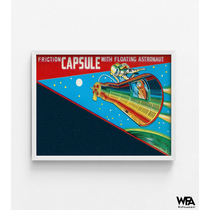 Friction capsule avec astronaute flottant par Retrorocket, décor de salle de jeu rétro amusant, affiche amusante, lune rétro