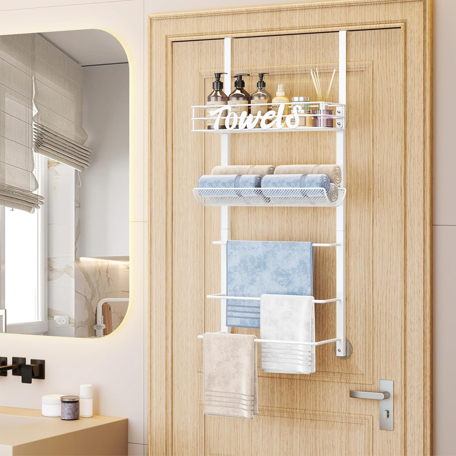 cangbaoge 5-Tier Over Door Towel Rack With Metal Shelf, Wall Mounted ...