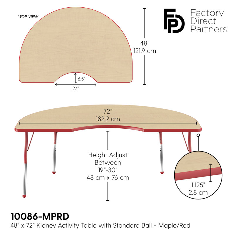 Table d'activité 48 "x 72" avec moulures en T et pieds réglables, Érable / rouge, Standard Ball Glide