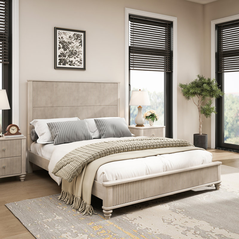 Ensemble de chambre à coucher 3 pièces avec un grand lit et 2 tables de chevet, beige, Beige