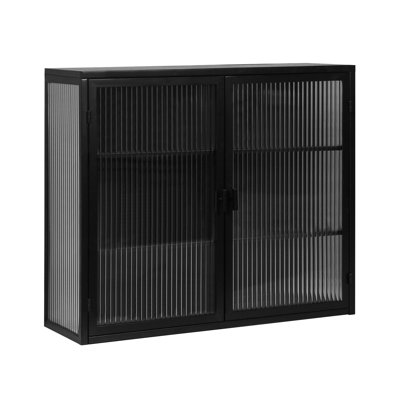 Elegant Two-Door Cabinet With Three Storage And Tempered Glass, Black, For Various Rooms Stylish Wall Storage, Ideal Living Room, Bathroom, Dining Room Entryway