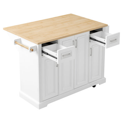 54.1 Inch Rolling Kitchen Island with Drop Leaf and Adjustable Shelves