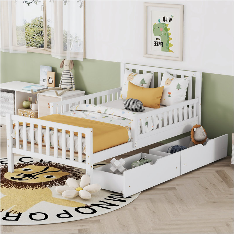 Twin Wood Platform Bed with Guardrails on Both Sides and Two Storage Drawers, White