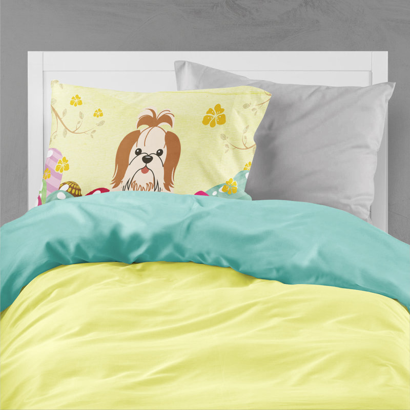 Taie d’oreiller œufs de pâques, Shih Tzu rouge et blanc