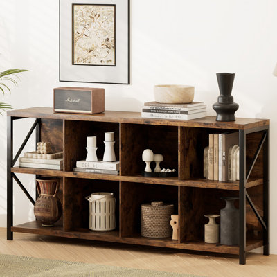 Bibliothèque de rangement à 8 cubes, bibliothèque horizontale industrielle, tablette décorative pour salon, bureau personnel, l 13,6 po x l 63 po x H 30,9 po, brun rustique
