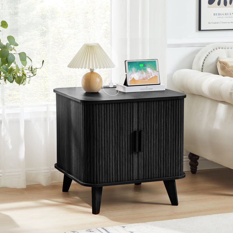 End Table with Storage and Charging Station, Black