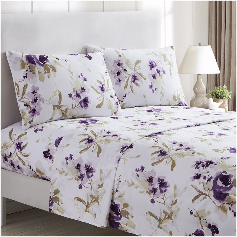 Draps Mellanni 1800, Ensemble de draps pour lit très grand californien, Floral mauve Madison