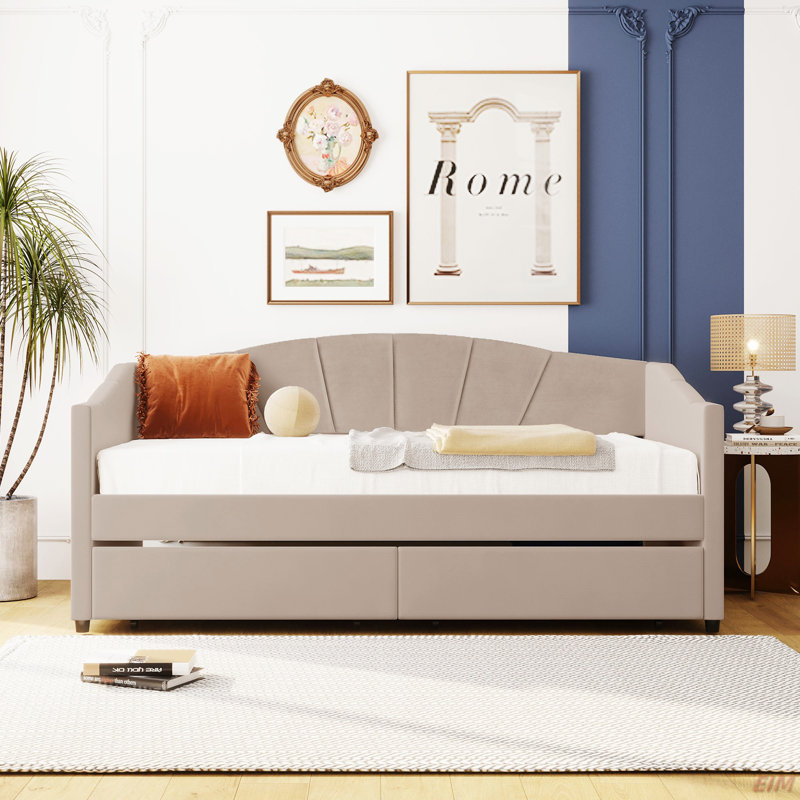 Upholstered Daybed Twin Size With Two Drawers And Wood Slat (Daybed), Beige