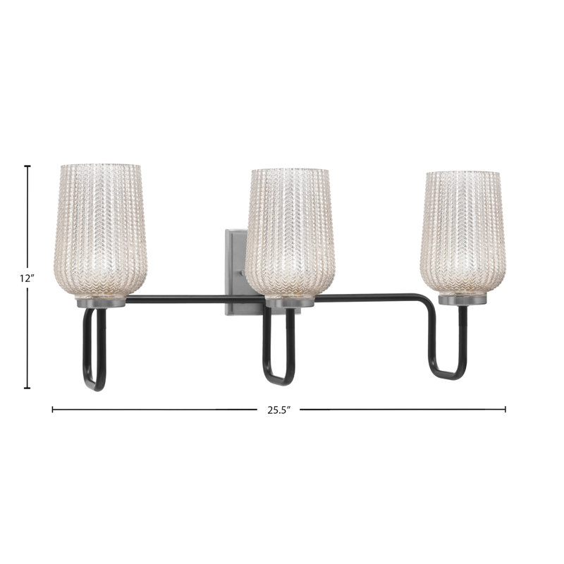 Barre d'éclairage de salle de bain 3 lumières Amarmula, noir mat et finition graphite, verre texturé argenté de 5 po