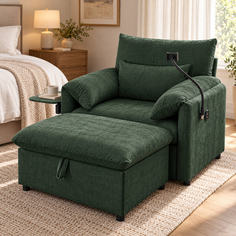 Chaise longue en chenille avec repose-pieds, dossier réglable, table d'appoint pliable et ports de charge USB Norelvessique