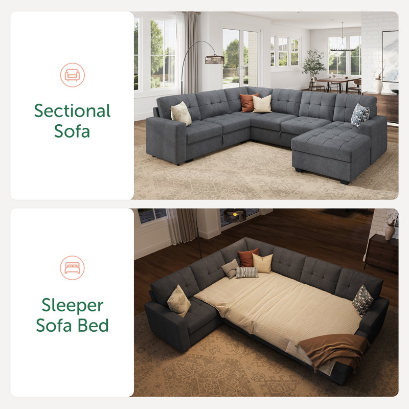 Cottone U-shaped Sleeper Sectional Pull Out Sofa Bed With Storage Chaise, Bluish Gray Polyester Blend