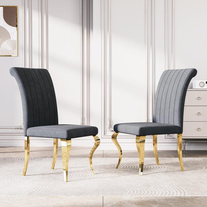 18.5”H Modern Dining Chairs, Arm Less Chair With Polished Stainless Steel Legs, Gray, Gold