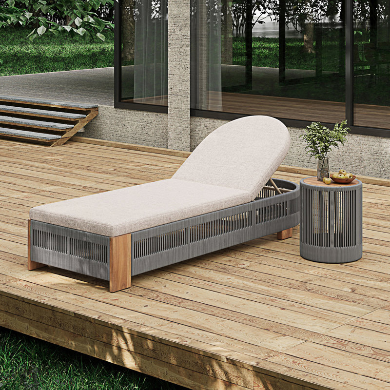 Ensemble de chaise longue d'extérieur en corde, chaises longues de patio avec table d'appoint et coussins, Gris, 1