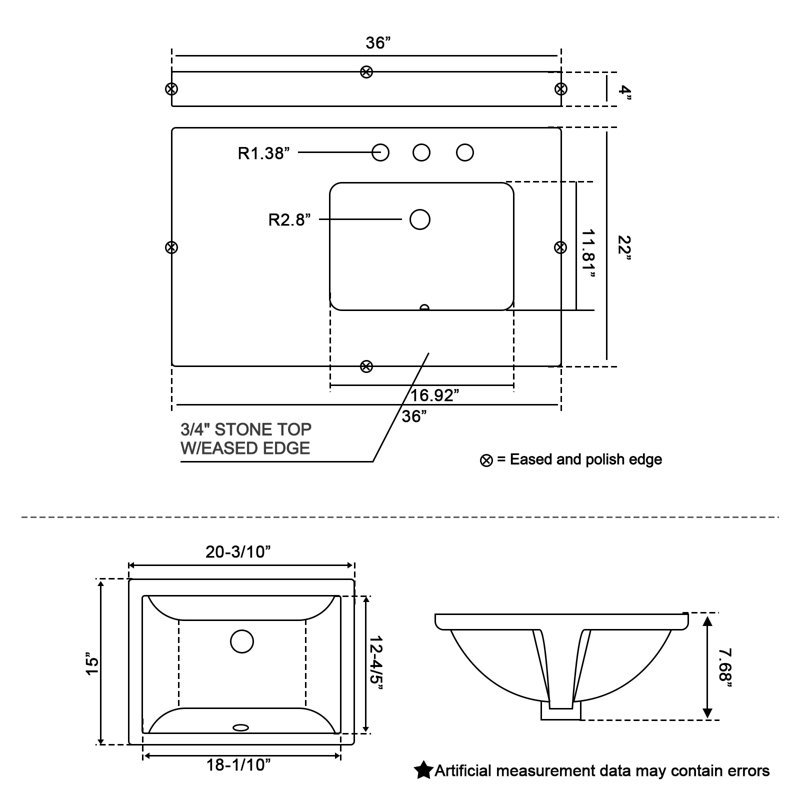 36" Engineered marble Single Bathroom Vanity Top In White With Sink in right
