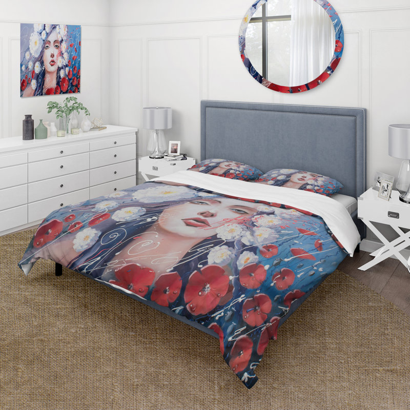Portrait Of A Young Woman With Red & White Flowers - Traditional Polyester Duvet Cover Set