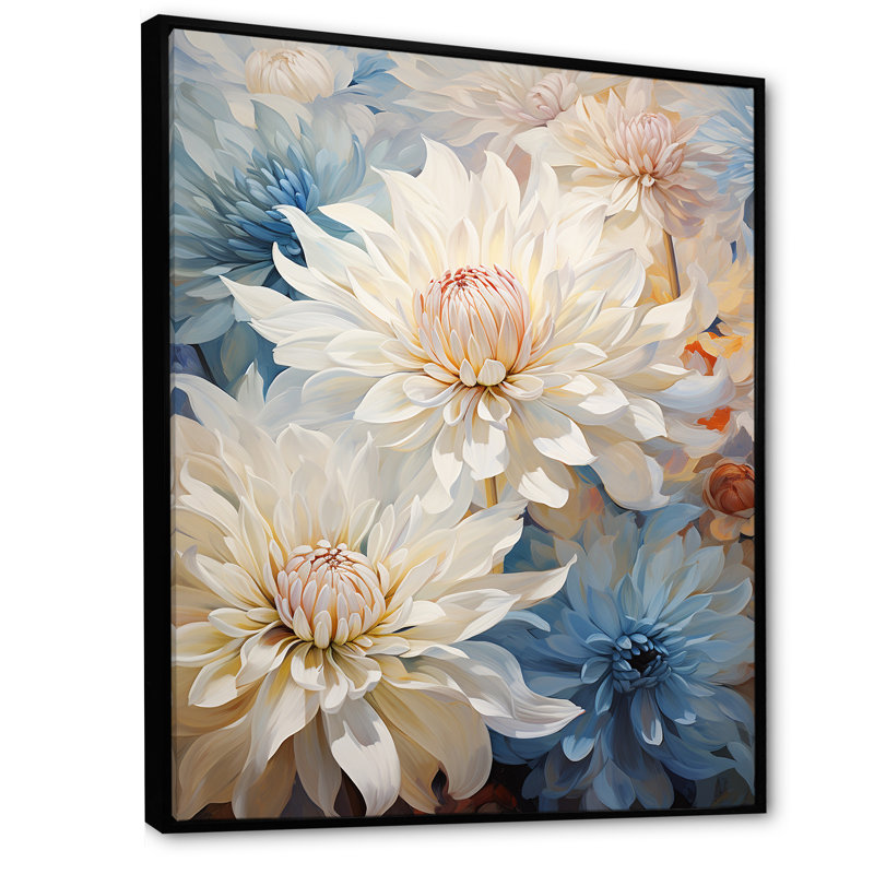 «Blooming Mums» en beige et bleu sur toile, Cadre flottant noir, H 20 po x l 12 po x P 1 po