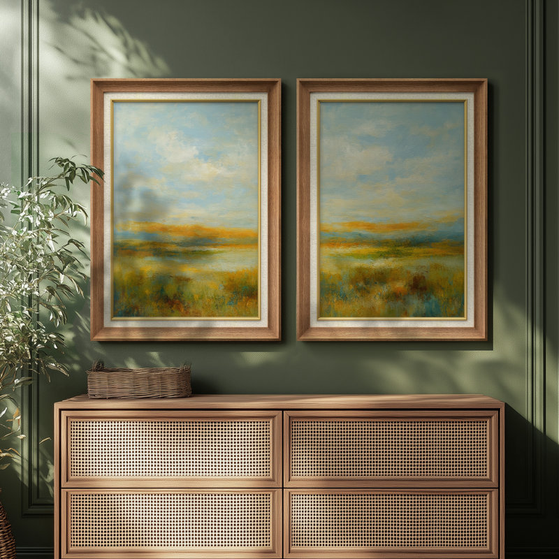 «Sunlit Meadow Landscape Fresh Pastoral Fields», ensemble de 2 reproductions d'art encadrées de qualité supérieure sur papier 26 po x 36 po